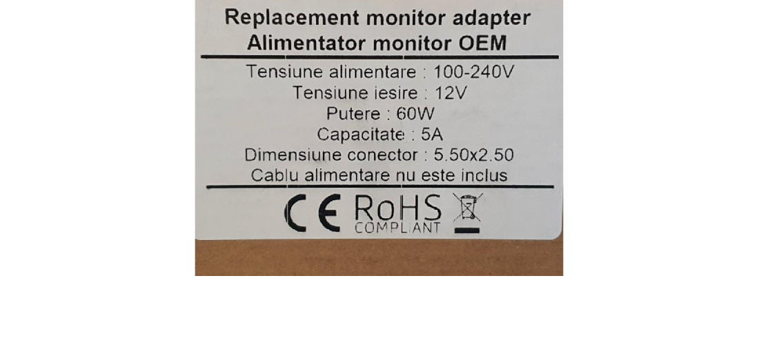 Alimentator monitor OEM
12V, 5A, 60W, Mufa 5.5/2.5 mm